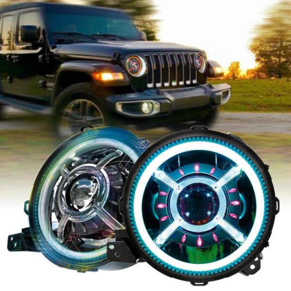 9 Inch Round Jeep JL 2018 RGB Ring Jeep Wrangler Dath ag Athrú Ceannlampaí faoi stiúir Halo